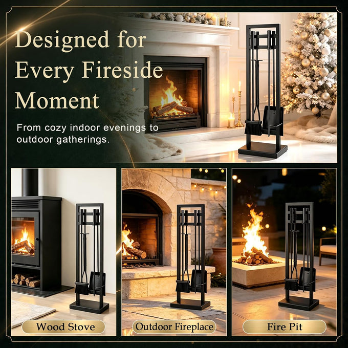 FEED GARDEN 5-Piece Fireplace Tool Set, 30" One-Piece Stand, Wrought Iron