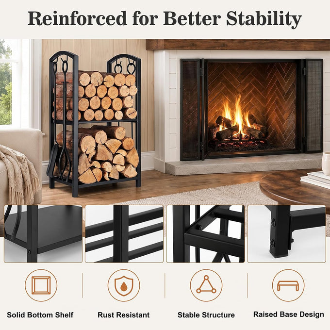 FEED GARDEN 29" Firewood Rack with 4-Piece Fireplace Tools, Indoor Outdoor