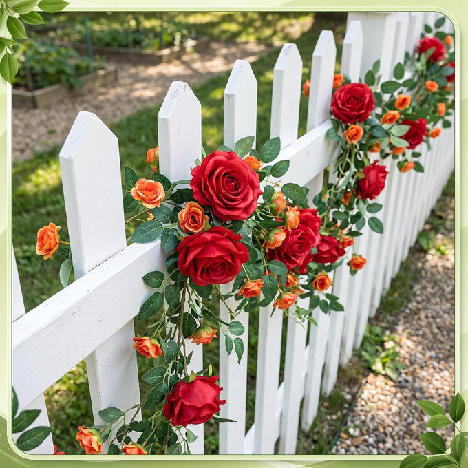 4 Pcs 24Ft Faux Rose Vine Garland Wedding Decor,Red，Orange