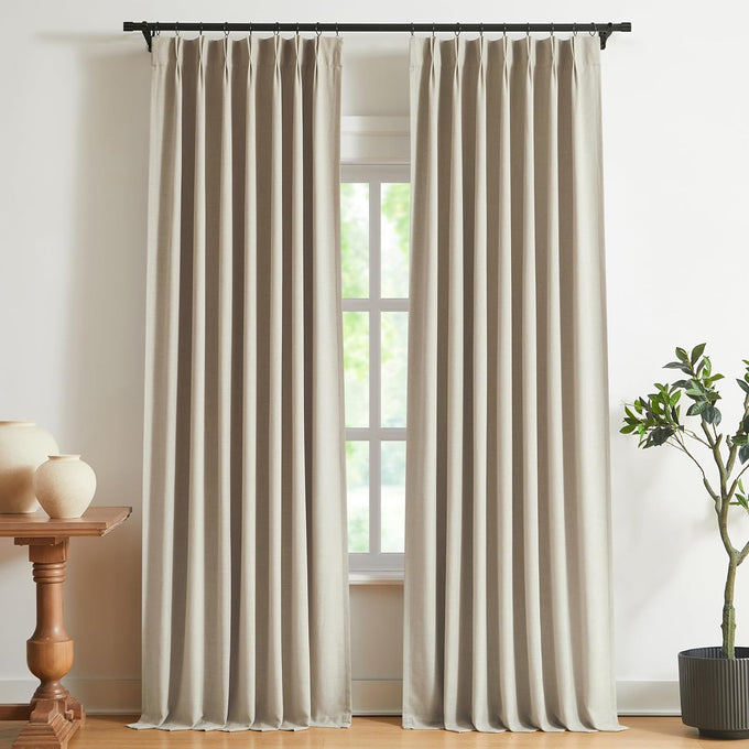 Vision Home Sand Pinch Pleated Full Blackout Curtains Linen Blended Room Darkening Window Curtains 84 inch for Living Room Bedroom Thermal Insulated Pinch Pleat Drapes with Hooks 2 Panel 40" Wx84 L