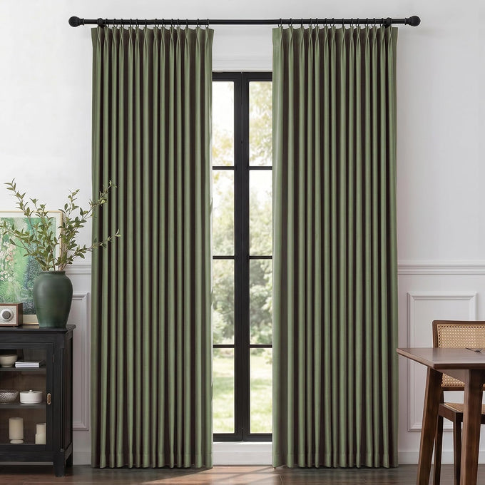 MYSKY HOME Olive Green Linen Pinch Pleated 100% Blackout Curtains 40Wx84L
