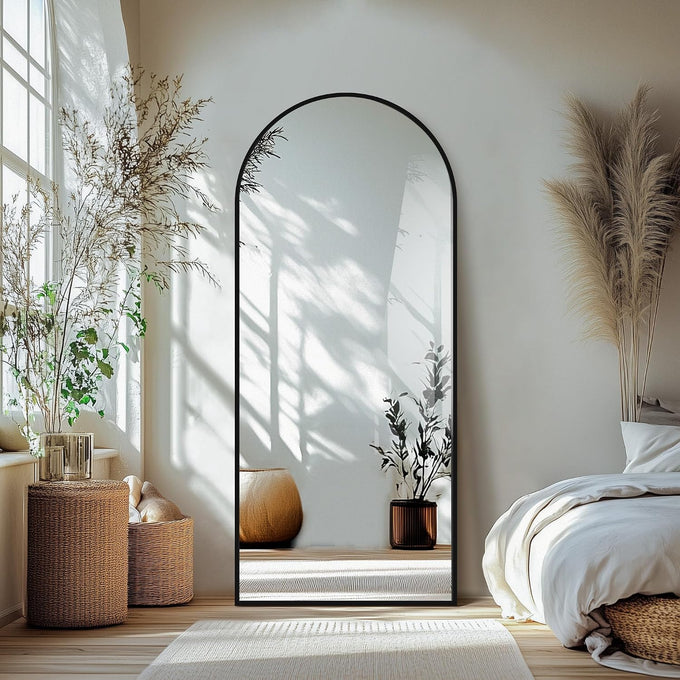 Delma Arched Full Length Mirror with Stand, Black Floor Mirror