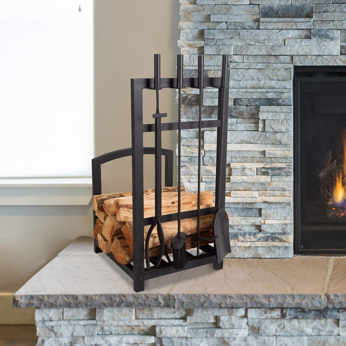 Lavish Home Fireplace Tool Set and Log Rack, Matte Black, 5-Piece-Set