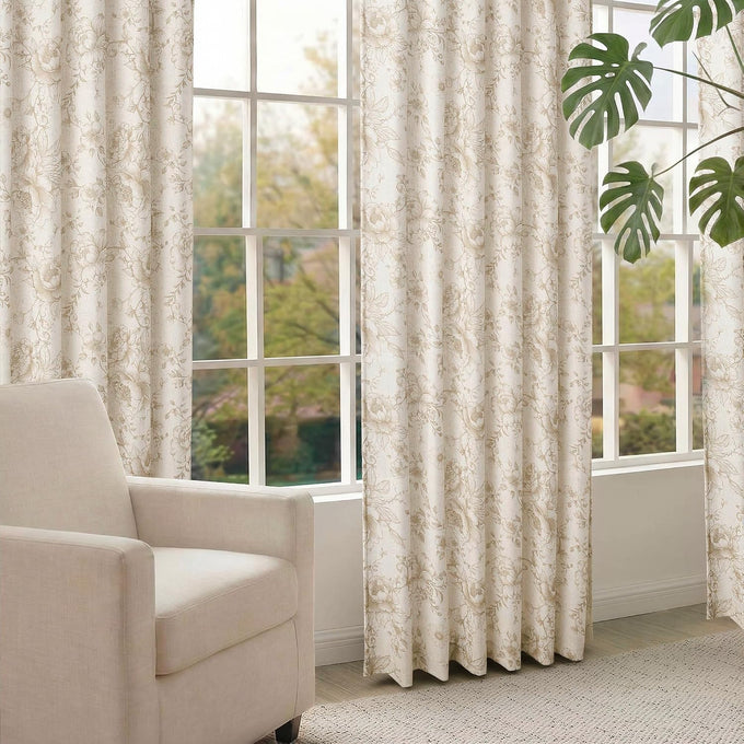 XWZO Floral Curtains for Living Room Linen Farmhouse Curtains 96 Inch Length Taupe Floral Patterned Curtain Peony Flower Printed Back Tab Curtain Bedroom Window Drapes 2 Panels