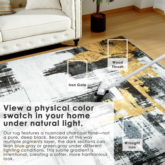 VK·LIVING Machine Washable Rug 6'x9' Abstract Washable Area Rugs for Living Room Non Slip Rugs for Bedroom Modern Woven Boho Rug Soft Carpet for Kitchen, Dining (Gold Brushstroke)