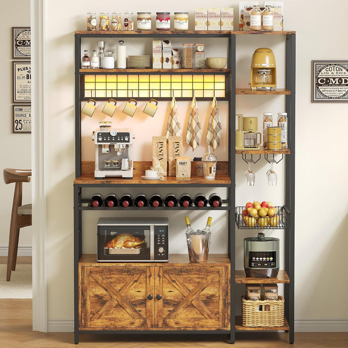 IRONCK Bakers Rack with Cabinet and LED Light, Coffee Bar Cabinet, Brown