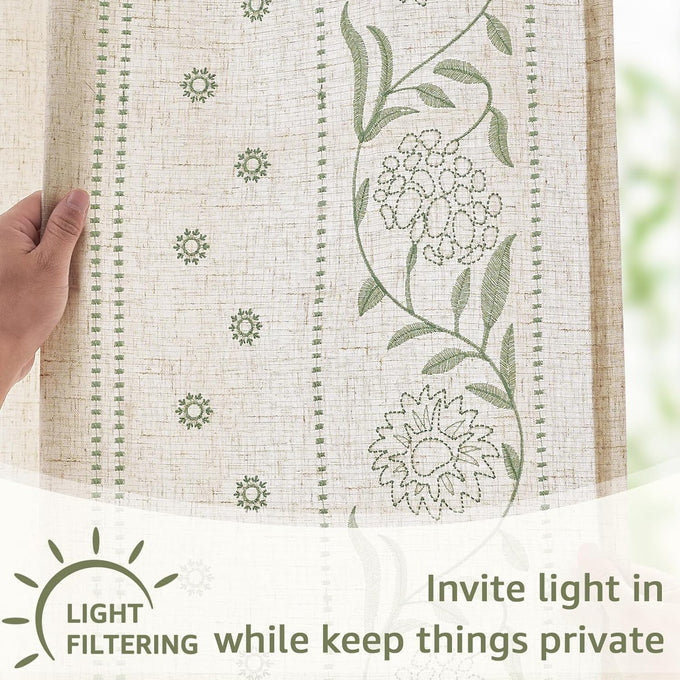 jinchan Sage Floral Linen Curtains for Living Room 84" Back Tab 2 Panels