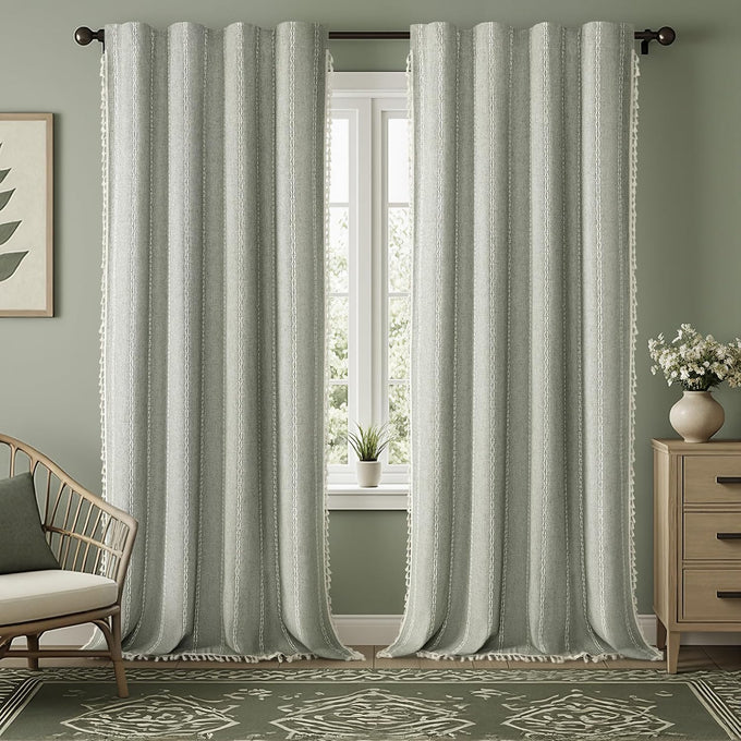 Boho 100% Blackout Curtains 84 Inch 2 Panels Linen Blend Beige
