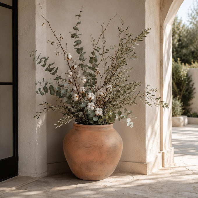14" H x 17" Dia Distressed Terracotta Fiberstone Planter with Drainage Hole, Lightweight Flower Pot for Olive Trees & Houseplants, Indoor Outdoor Patio, Porch, Garden & Entryway Décor