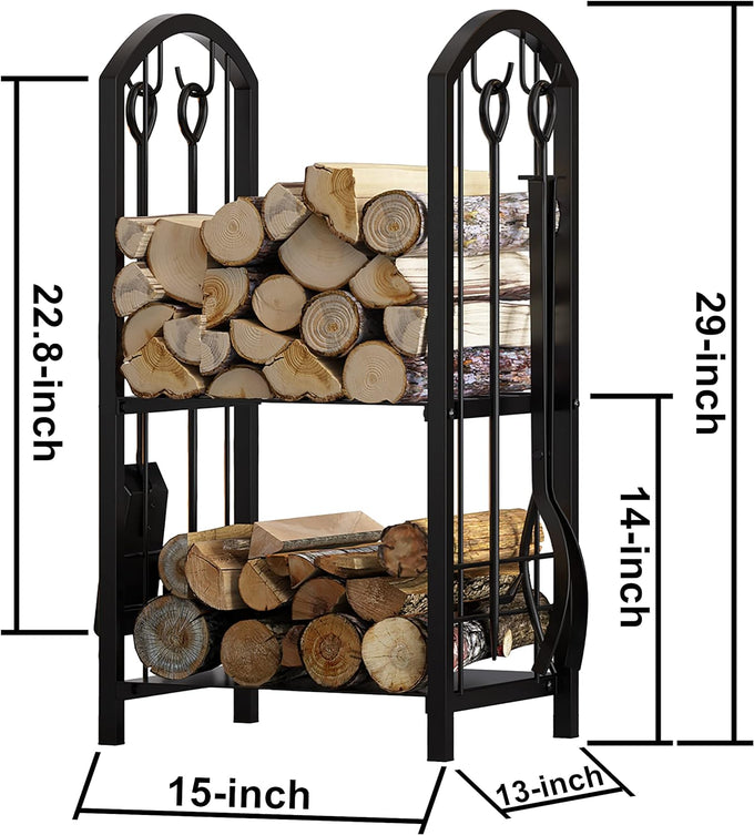 Fire Beauty Wrought Iron Firewood Log Rack with 4 Pcs Fireplace Tools Black