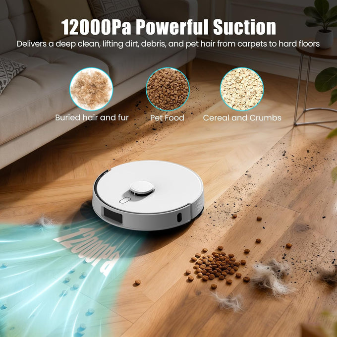 Robot Vacuum and Mop Combo Self-Emptying, 12000Pa Suction, LiDAR Navigation, Obstacle Avoidance, 75-Day Hands-Free, WiFi/App/Alexa Control