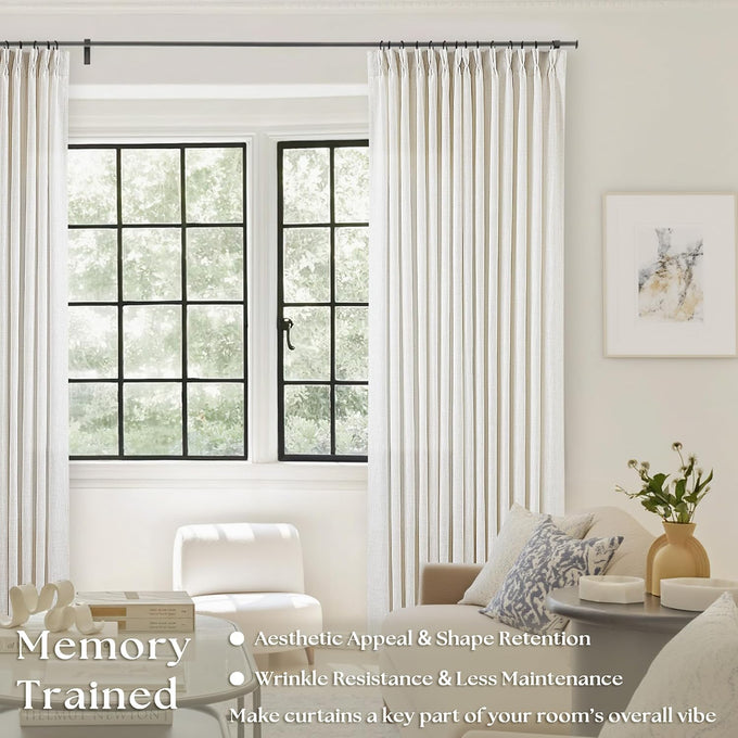 TWODRAPES 90 Inch Pinch Pleated Linen Textured Curtains 2 Panels, Natural