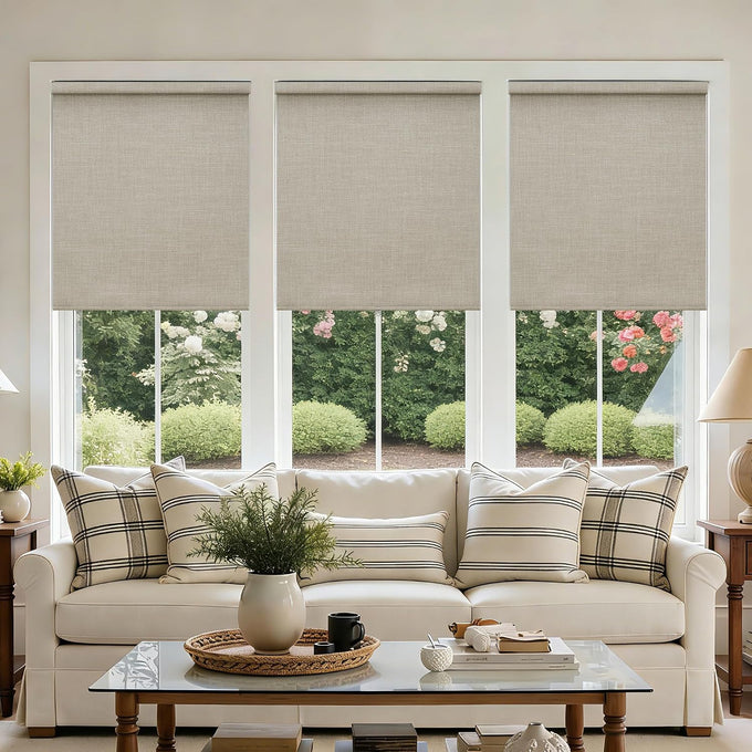 Blackout Roller Shades for Bedroom Window Cordless Free-Stop Blinds with Valance UV Protection 100% Black Out Linen Shades Blinds for Indoor Bathroom Windows Living Room Beige Oatmeal 34" W x 72" H