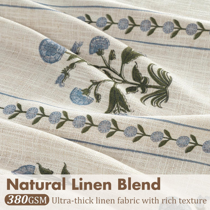 Floral Pinch Pleated Linen Curtains,Blue & Beige White,40" W x 96" L