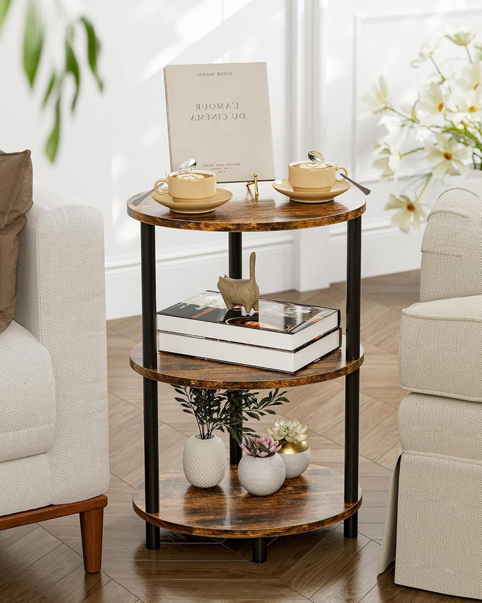 Small Round Side Table - 3-Tier Oval Accent Table for Small Spaces, Rustic Wood and Metal Couch End Table, Nightstand for Bedroom or End Table Living Room, Set of 2, Rustic Brown