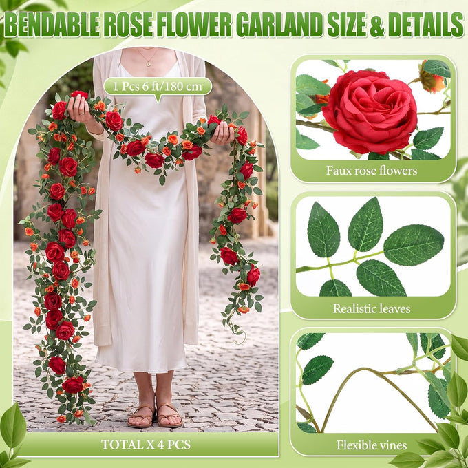 4 Pcs 24Ft Faux Rose Vine Garland Wedding Decor,Red，Orange