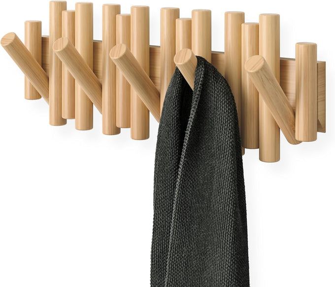 Umbra Picket Coat Rack, Wall Mount 5 Flip-Down Coat Hooks, Natural