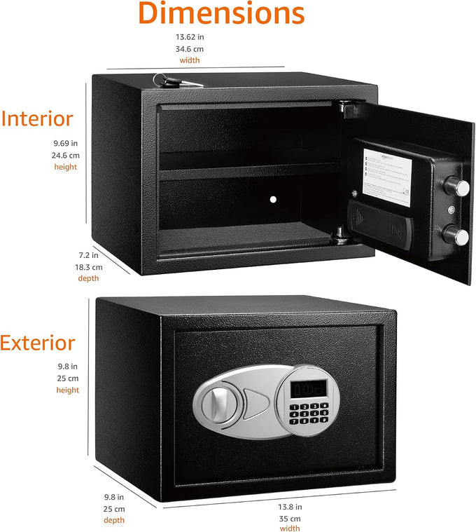Amazon Basics Steel Security Safe and Lock Box with Electronic Keypad, Secure Documents Storage, Black, 0.5 Cubic Feet, 13.8"W x 9.8"D x 9.8"H, Removable Shelf