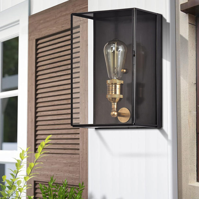 Outdoor Wall Light Fixture, Brass Exterior Wall Lantern, Waterproof Outdoor Wall Sconce Front Porch Light with Unique Door Design for Garage Garden Patio Staircase Balcony