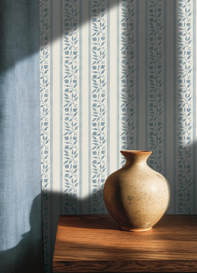 NuWallpaper x Morris & Co. Rosehip Stripe China Blue Peel and Stick Wallpaper, MCS6609