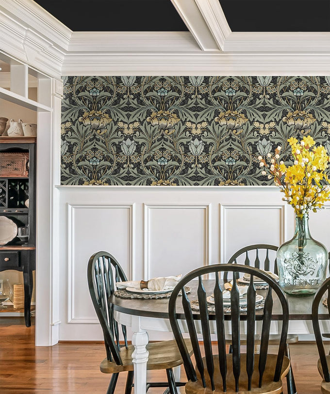 Acanthus Floral Vintage Prepasted Wallpaper (Charocal & Goldenrod)