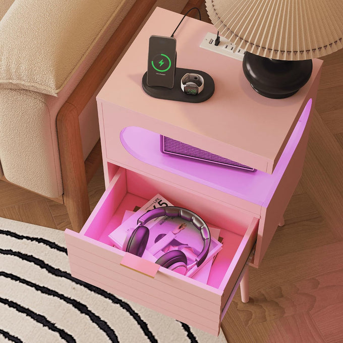 Veegle Nightstand,Modern Bedside Table with Storage Drawer and Open Wood Shelf, Accent Night Stand with Solid Wood Legs for Living Room, Bedroom and Small Spaces,Easy Assembly (Pink-1)