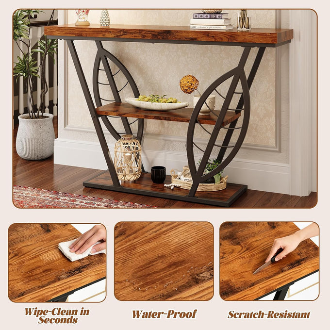 HavenlyYouth Leaf Design Console Table for Entryway, 3-Tier Storage, 30mm Thick Rustic Brown Industrial Metal Frame, Easy-to-Assemble Narrow Accent Table, Space-Saving for Hallway, Entrance, Foyer