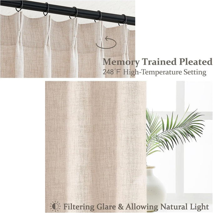 PleatedDrapes Light Filtering Primitive for Living Room, Thick Linen Semi Sheer Curtains 96 Inches Long 2 Panels Set Rustic Country Oatmeal Beige Curtains Patio Door Window Drapes Window Treatments