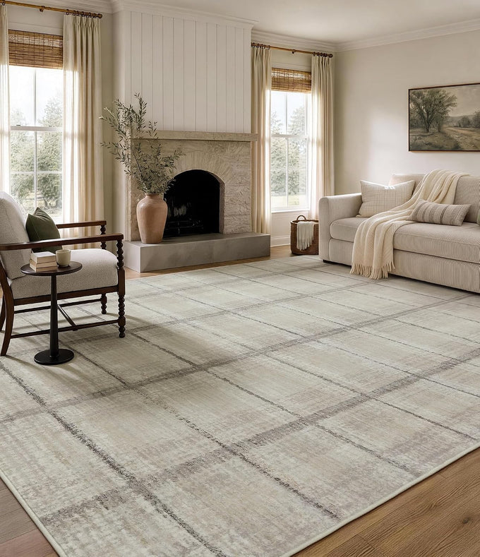YIHOUSE 5x7 Beige Ivory Distressed Plaid Area Rug for Living Room