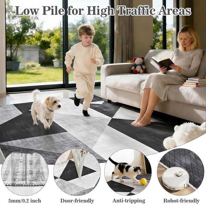 Yinhua Modern Geometric Area Rugs 5x7 Grey Black Rugs for Living Room Washable Rug Non Slip Low Pile, Large Soft Bedroom Rug Non Shedding, Modern Simplicity Carpet for Home Office, Dining Room