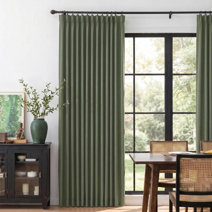 MYSKY HOME Olive Green Linen Pinch Pleated 100% Blackout Curtains 40Wx84L