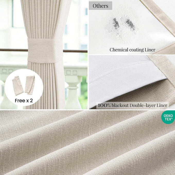 Topfinel 108 Inch Long Pinch Pleated Blackout Curtains for Living Room, Natural Linen Thick Linen Pleat Drapes for French Door Decoration, Cozy Rustic American Window Treatment Cream Beige 52"W*108"L