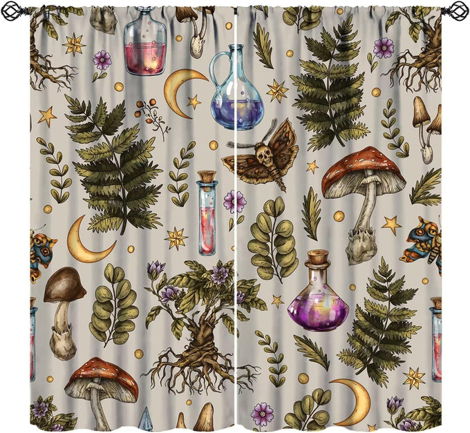 Vintage Botanical Curtains,Antique 1900s Plants Herbs Mushroom Blackout Window Drapes for Kitchen,Boho Retro Wildflower Green Leaf Ferns Farmhouse Window Treatment for Living Room 52x84in
