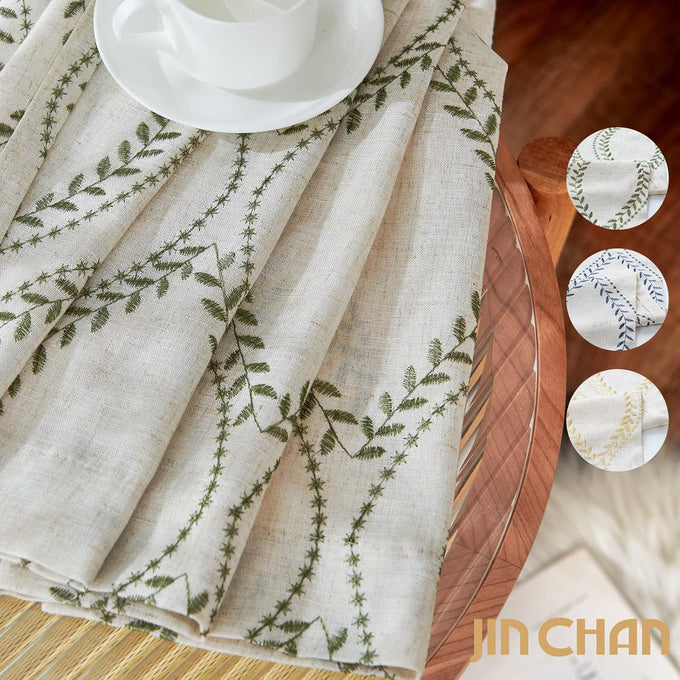 jinchan Boho Linen Curtains 63 Inch Green on Beige Grommet 2 Panels
