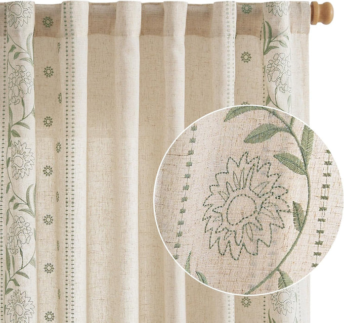 jinchan Sage Floral Linen Curtains for Living Room 84" Back Tab 2 Panels