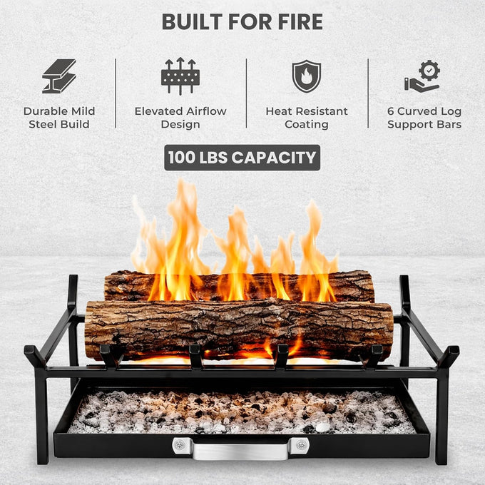 FEBTECH Fireplace Grate 17 inch with Removable Ash Tray and 6 Support Bars