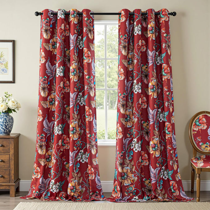 MYSKY HOME Floral 95% Blackout Curtains 108 inches Length 2 Panels Set Black Out Thermal Insulated Privacy Protect Vintage Spring Window Treatment Grommet Top for Living Room, 2 Pcs, Terracotta