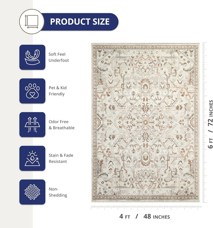 Abani Oriental & Vintage Area Rug - 4'x6' Cream Rectangle Rug for Living Room & Bedroom - Alara Vintage Collection