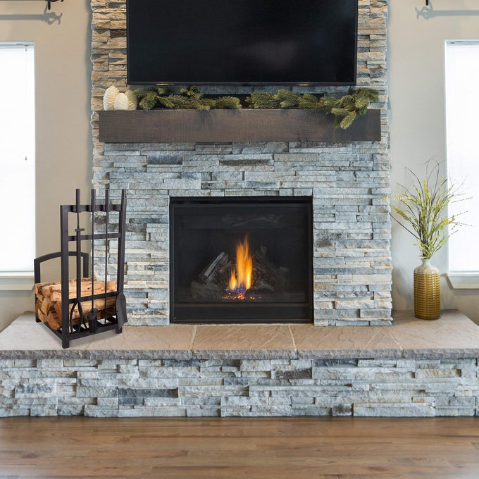 Lavish Home Fireplace Tool Set and Log Rack, Matte Black, 5-Piece-Set