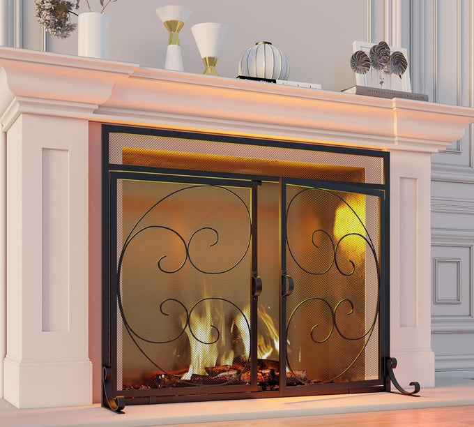 Fire Beauty Wrought Iron Fireplace Screen Magnetic Door Spark Guard Black