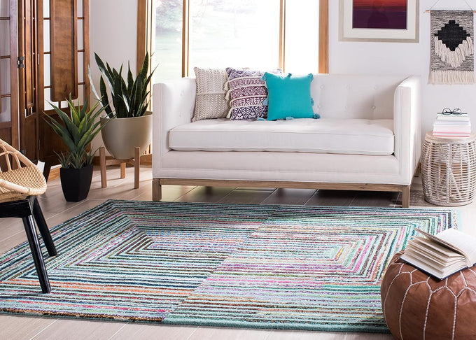 SAFAVIEH Nantucket Collection Accent Rug - 3' x 5', Teal, Handmade Boho Abstract Cotton & Wool, Ideal for High Traffic Areas in Entryway, Living Room, Bedroom (NAN603A)