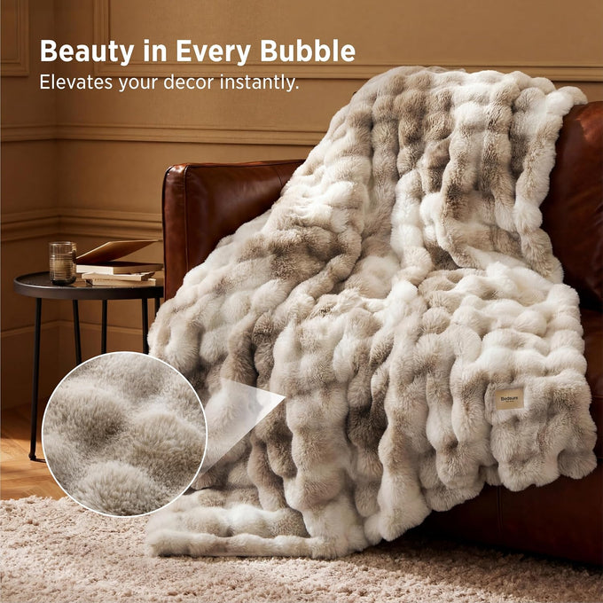 Bedsure Fluffy Bubble Faux Fur Throw XL Blanket, 50"x70", Tie-dye Taupe