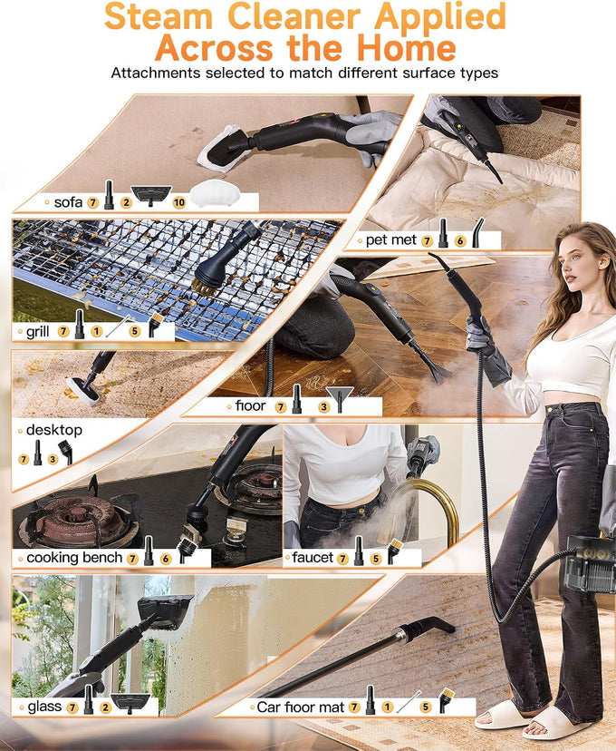 WolfClean Steam Cleaner, 3 Level Adjustable Handle with 18 Accessories