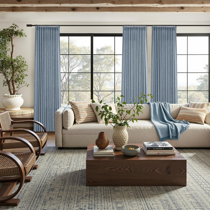 Jowels Blue Pleated Thick Linen Curtains 90 Inch Long for Living Room