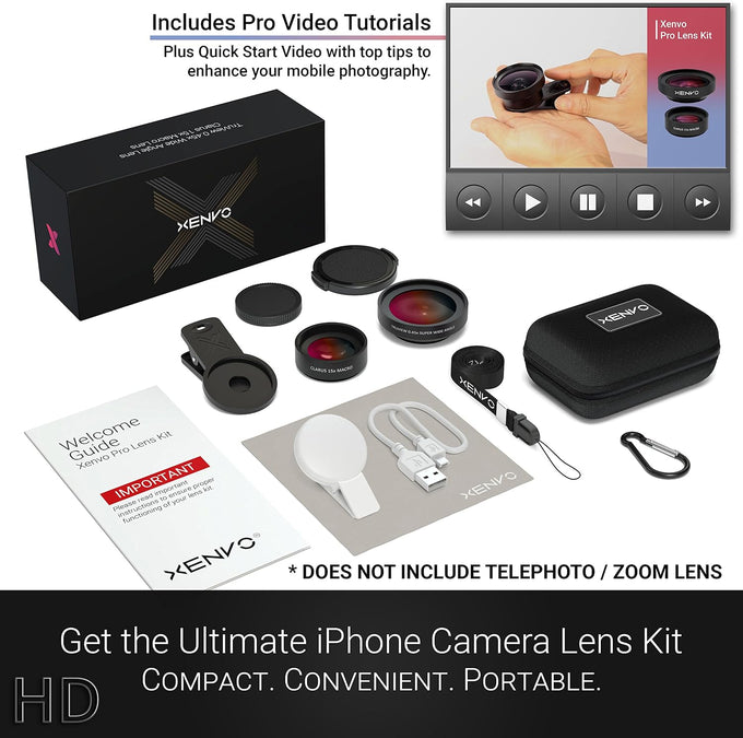 Xenvo Pro Lens Kit for iPhone and Android, Macro and Wide Angle Lens with LED Light and Travel Case Black