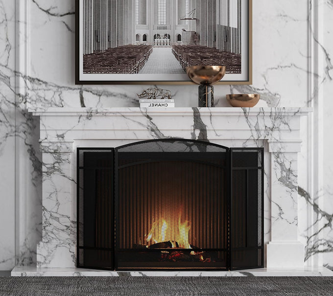 Fire Beauty 3 Panel Wrought Iron Fireplace Screen Spark Guard Cover(Black)