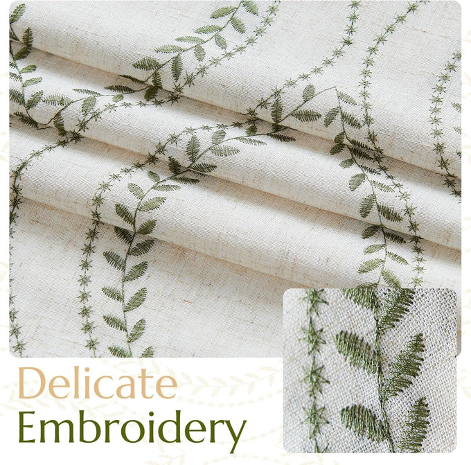 jinchan Boho Linen Curtains 63 Inch Green on Beige Grommet 2 Panels