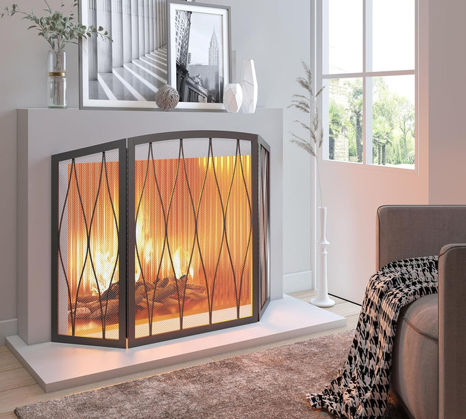 Kingson Childproof Fireplace Screen 3- Panel Modern Handcrafted Wrought Iron Foldable Metal Mesh, Heavy Duty Decorative Fireplace Spark Guard Cover for Living Room Home Decor Black Finish