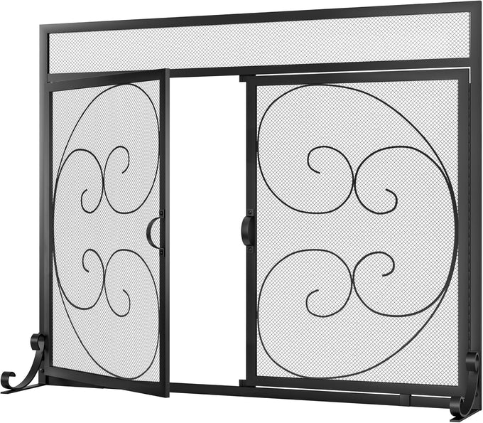 Fire Beauty Wrought Iron Fireplace Screen Magnetic Door Spark Guard Black