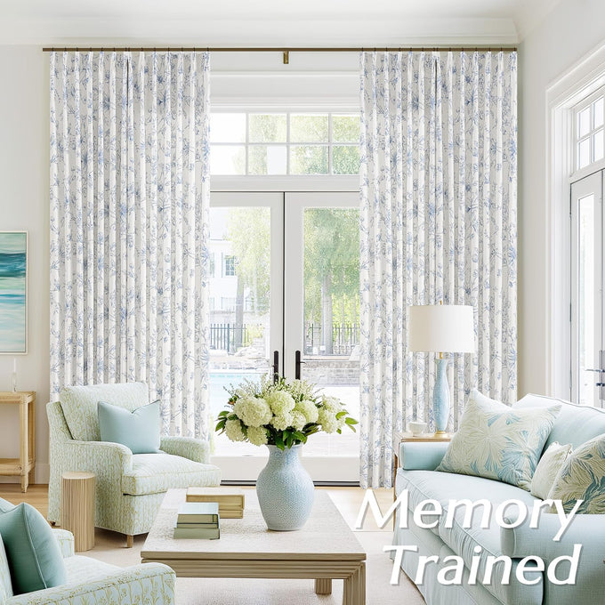 BILEEHOME Pleated Blue Curtains for Living Room Privacy Linen Drapes 40x90
